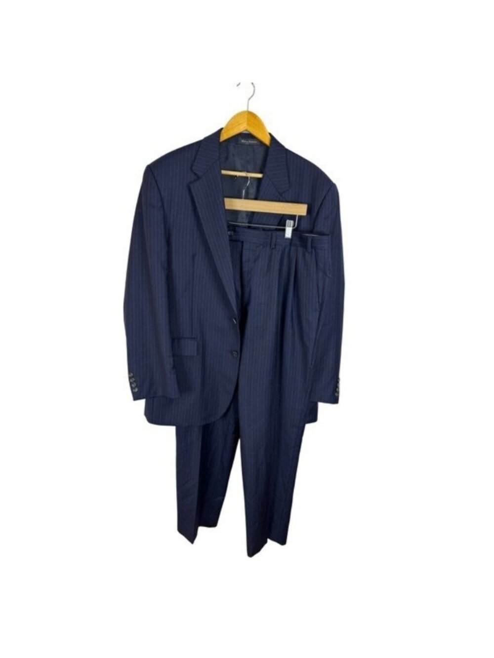 Izod Mens Navy Blue Pinstripe Wool 2 Piece Suit Blazer Pleated Pants 36X33 42L